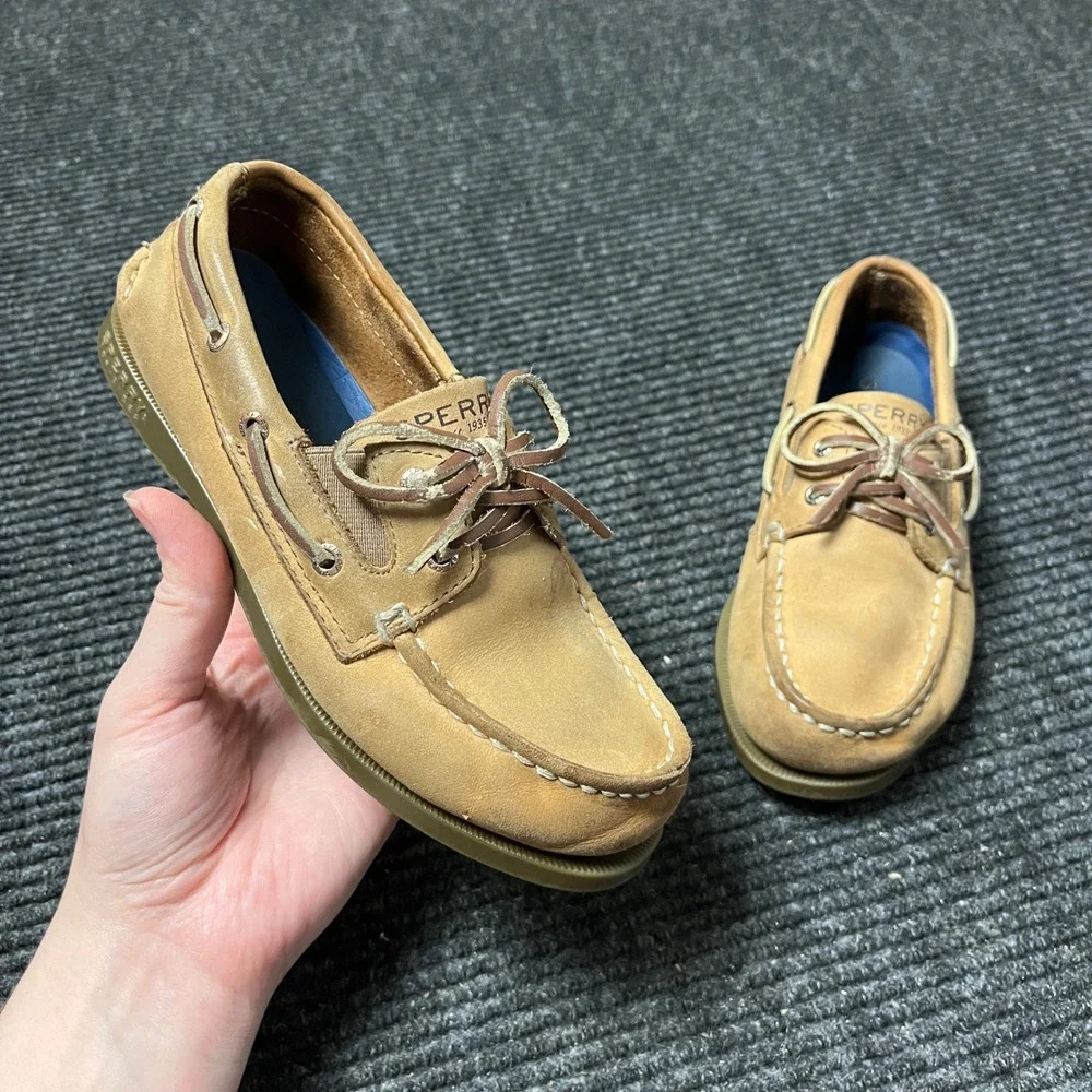 Sperry Authentic Original Boat Shoes Kids 1M Tan Leather Sahara Loafers 61394